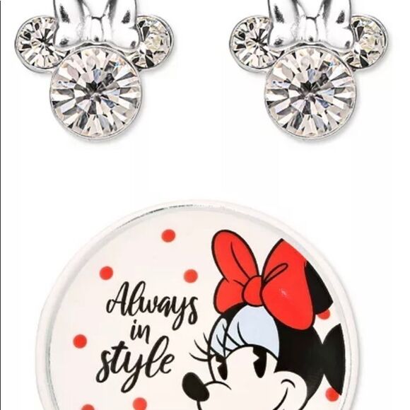 NWT Minnie Mouse Clear Crystal Stud in Sterling Silver with Bonus Trinket Box - Picture 2 of 7
